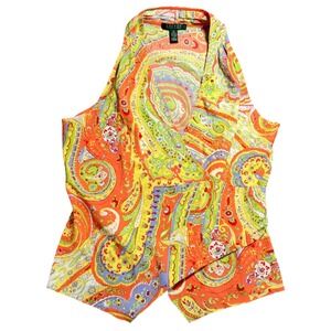 Lauren Ralph Lauren Paisley Wrap Peplum Sleeveless Blouse Orange Green Size 12
